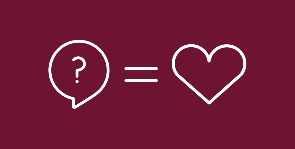 Ikon som visar ett hjärta och en frågebubbla.