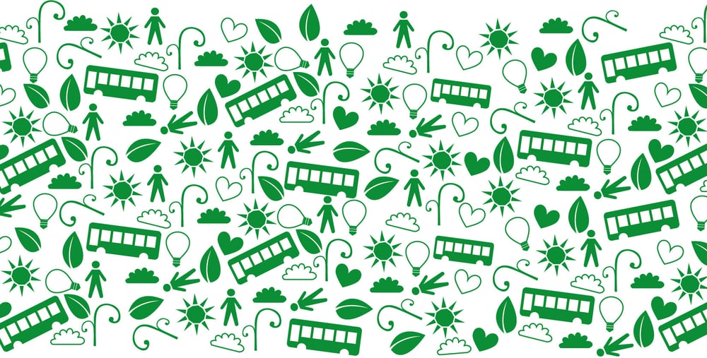 Illustration med människor, träd, hjärtan, bussar, lampor