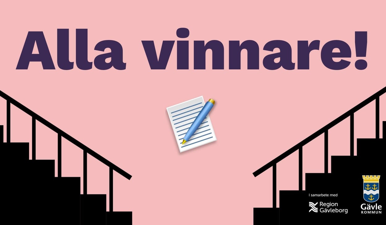 Rosa bakgrund, två svarta trappor illustrerade i varsin sida av bilden, text Alla vinnare högst upp, papper med streck som visar skriven text och en penna i mitten.