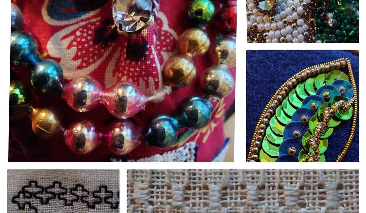 Kollage av fem olika broderier